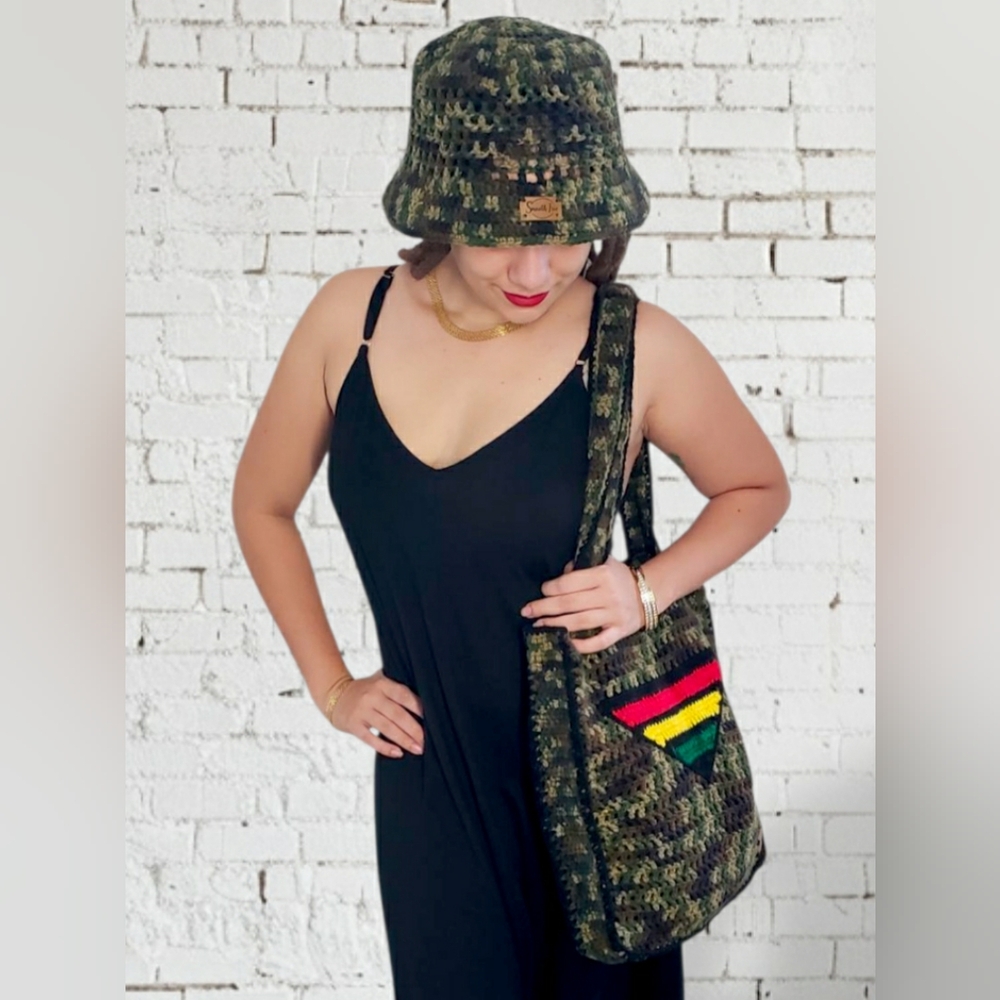 Rasta Camo Crochet Tote Bag & Camo Mesh Bucket Hat (2 Piece Set) Smooth Irie Sun
